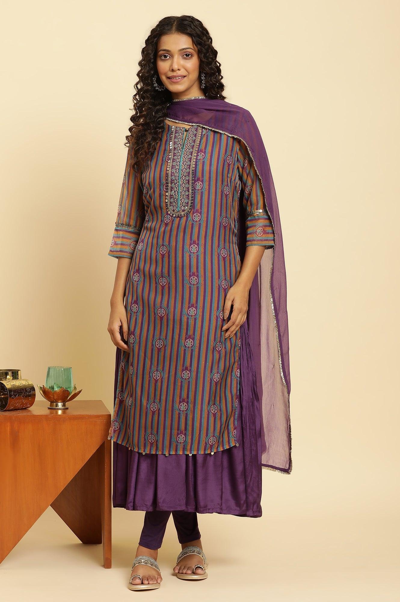 Purple Layered Suzani Printed Kurta, Tights And Dupatta Set - Image 6