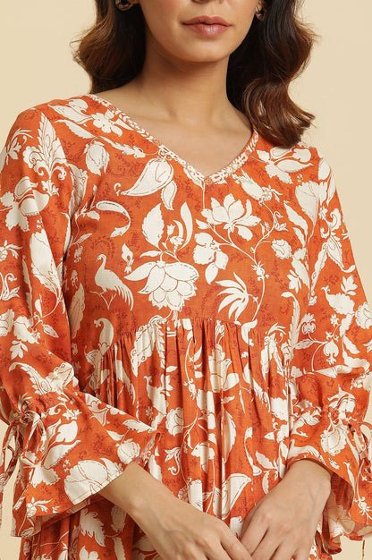 Dark Orange Floral Printed Kurta & Pants Co-Ord Set - Image 2